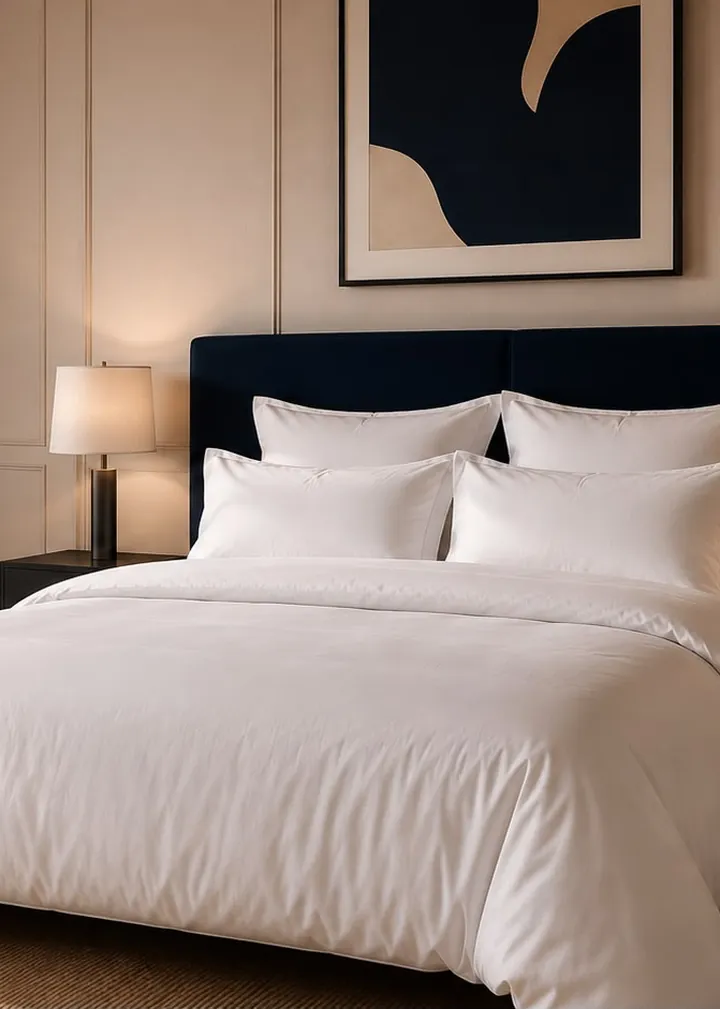 Chambre d’hôtel habillée de linge blanc Lit au carré, tête de lit bleu nuit